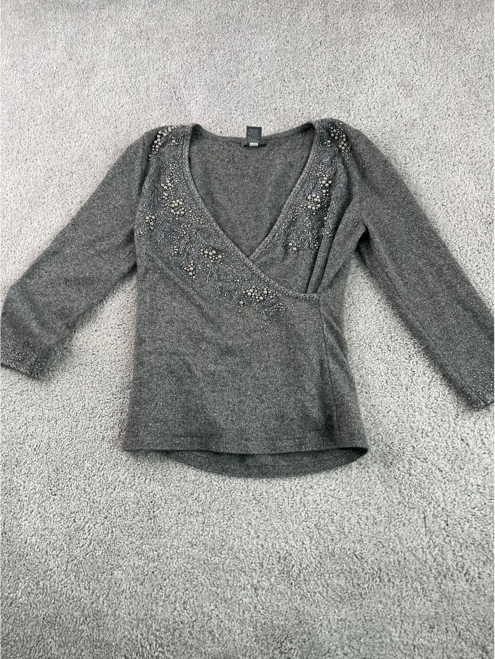 Ann Taylor Gray Beaded Embellished Faux Wrap V Neck Sweater Size S